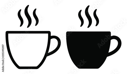 Quadro su tela Black and white icons of steaming coffee cups with handles in simple design on t