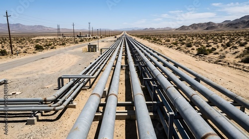 Industrial steel pipelines for oil and gas transportation stretching across the landscape.