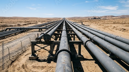 Industrial steel pipelines for oil and gas transportation supported by metal frames.