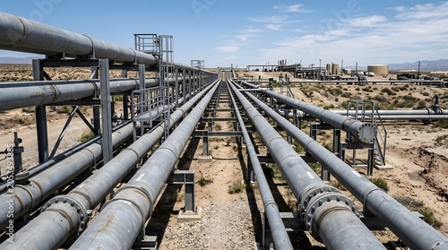 Industrial steel pipelines running parallel on metal supports in an outdoor facility.