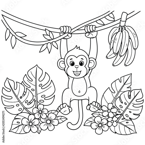 Photography Cute monkey hanging on vine in jungle for kids coloring activity.