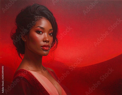 Portrait of a woman with dark skin and a side-swept hairstyle against a vibrant red backdrop. She wears red makeup