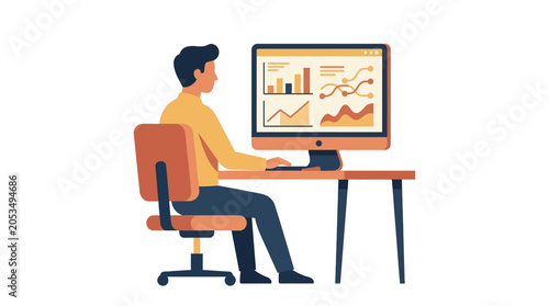 Businessman working on computer, office worker, data analysis, graph and chart isolated on White Background vector eps