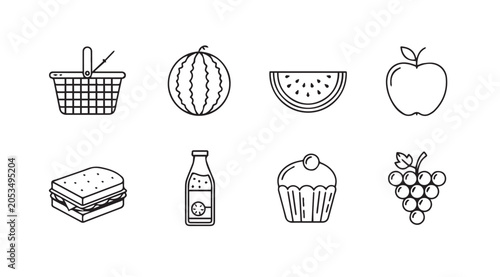 Picnic Icons: Basket Watermelon Sandwich Drink Cupcake GrapesMinimalist Line Art