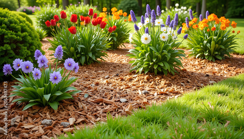 Flower bed with organic mulch for sustainable landscaping
