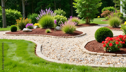 Decorative flower bed with gravel mulch and flowering plants
