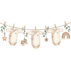 Watercolor nursery items including rompers, booties, rattles, pacifiers and rainbow ornament hanging on a twine clothesline with eucalyptus, gentle cozy atmosphere