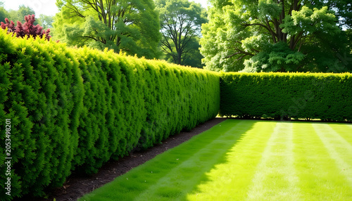 Perfectly trimmed hedge fence in landscaped garden