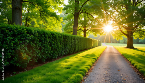 Manicured hedge fence along elegant garden pathway