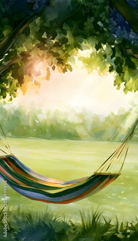 Fototapeta premium Serene watercolor hammock scene evokes peaceful relaxation under golden hour sunlight through leafy trees