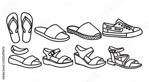 Assorted Footwear Collection Line Art: Sandals Flip-Flops Sneakers Espadrilles Slides