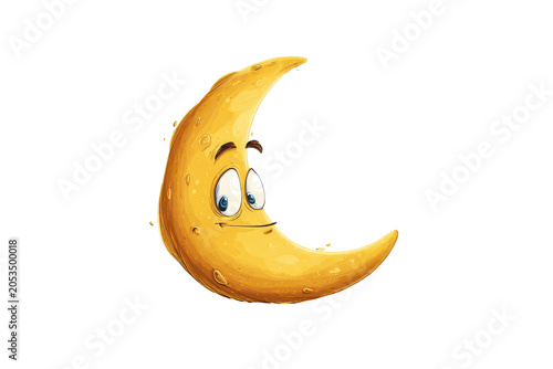 Whimsical crescent moon character radiating joy isolated on transparent background. Smiling crescent moon character with stars isolated on white background.