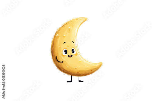 Whimsical crescent moon character radiating joy isolated on transparent background. Cute smiling crescent moon with arms and legs walking isolated on white background.