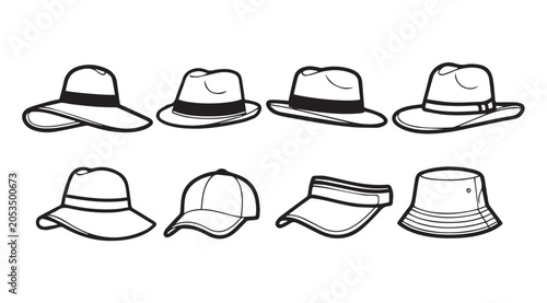 Assortment of Headwear Styles Line Art Isolated on White Background Minimalist Vector Collection