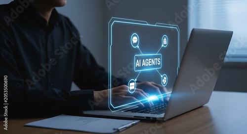 Professional using laptop with digital artificial intelligence interface and holographic dashboard symbols artificial intelligence technology