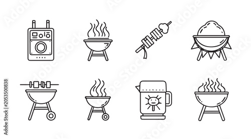 Barbecue Grill Icons Set Skewers Food Kettle Heat Outdoor Cooking Gear Line Art Style