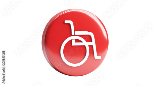 Accessibility wheelchair symbol icon on glossy red button representing disability inclusion support awareness isolated on white background