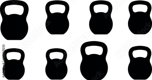 Collection of minimalist black kettlebell vector icons in various angles for sports and workout illustrations.