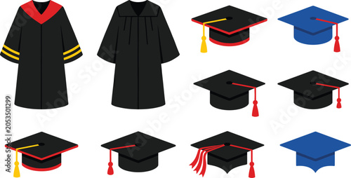 Foto Graduation gown and academic mortarboard cap collection set, cad drawing flat ve