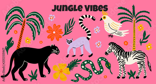 Jungle vibes themed vector sticker elements set. Collection of cute groovy funky cartoon illustration of wild animals, palm tree, exotic plants, flowers, Panthera, Lemur, Zebra, snake, Cockatoo bird