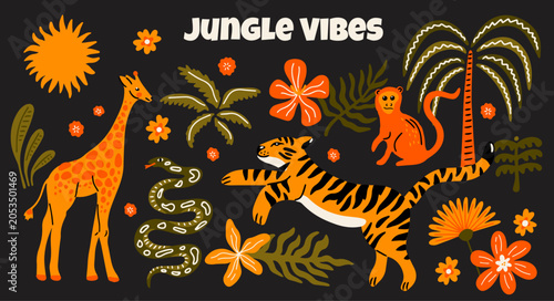 Jungle vibes themed vector sticker elements set. Collection of cute groovy funky cartoon illustration of wild animals, palm tree, exotic plants, flowers, tiger, monkey, giraffe, snake