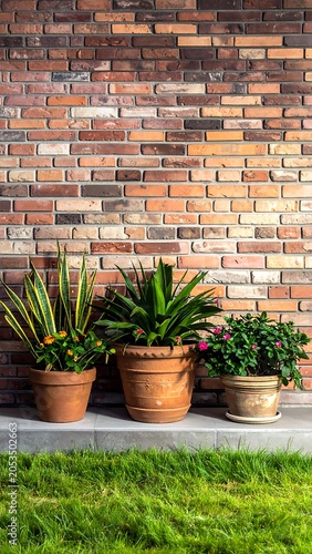 Three potted plants against a textured brick wall with green grass