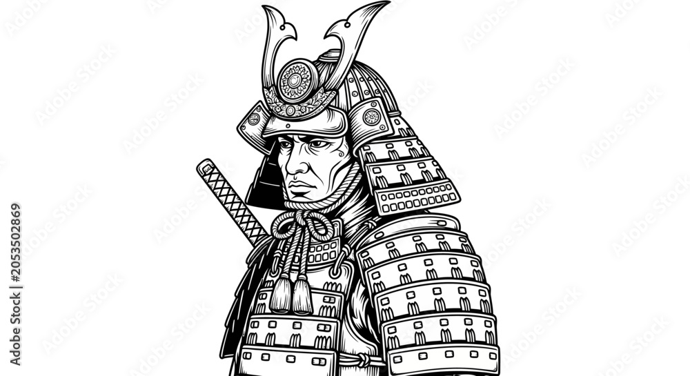 Fototapeta premium Samurai warrior in detailed armor with katana isolated on white background