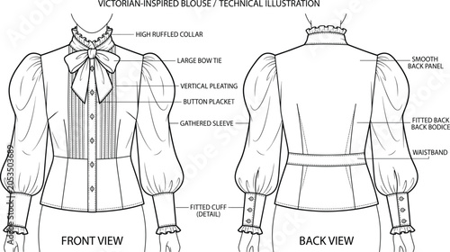 Foto Cad drawing flat vector illustration of women victorian inspired blouse with hig