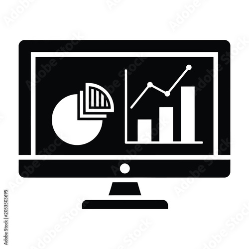 Computer monitor with business graphs and charts on screen