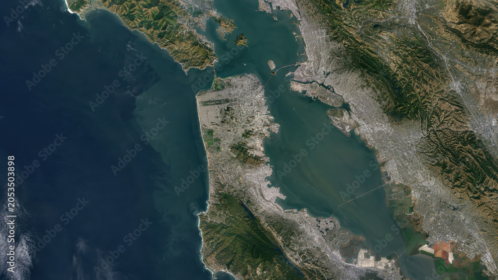 Fototapeta premium Satellite imagery of northern California displaying the complete San Francisco geographic region with urban landscapes