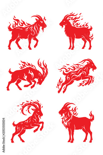 fiery fire goat symbol icon set