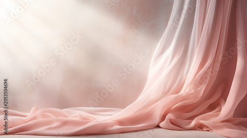 Minimal elegant interior of gallery with flowing silk curtain on wall, abstract delicate background.