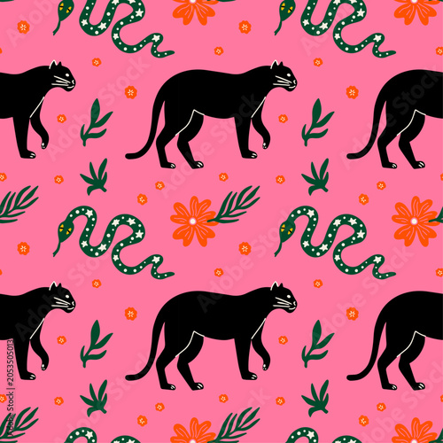 Photography Jungle seamless vector pattern with cute groovy funky cartoon illustration of wi