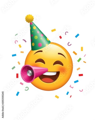 Happy yellow emoji face wearing a colorful party hat and blowing a pink party blower with falling festive confetti