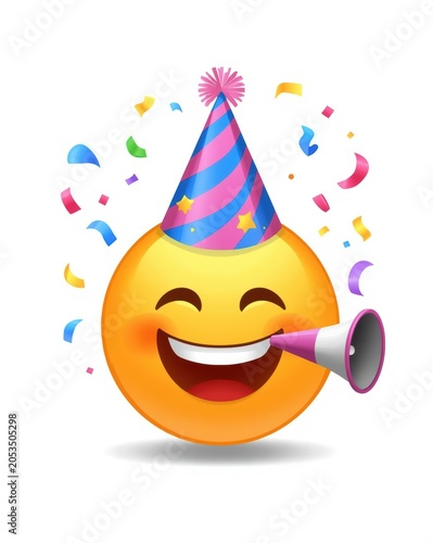 Happy smiling face emoji wearing a colorful party hat and blowing a noise maker with falling confetti for celebration