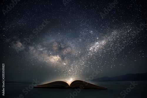 Mystical open book glowing with sparks under a vast starry night sky and the Milky Way, symbolizing stories, knowledge, and infinite possibilities.