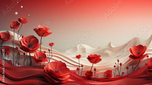 Romantic background with 3d red paper flowers and place for text