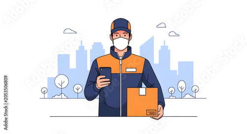 Delivery person wearing a face mask, holding a smartphone and package in front of a city skyline.