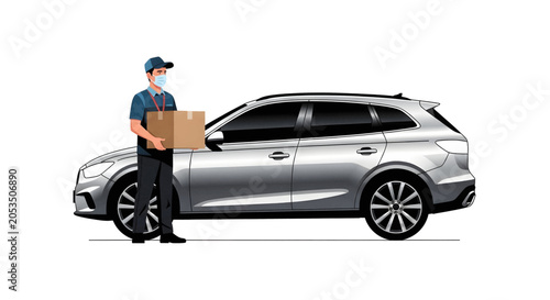 Delivery person wearing a face mask and cap, holding a package next to a silver SUV car, illustrating safe and efficient package delivery services.