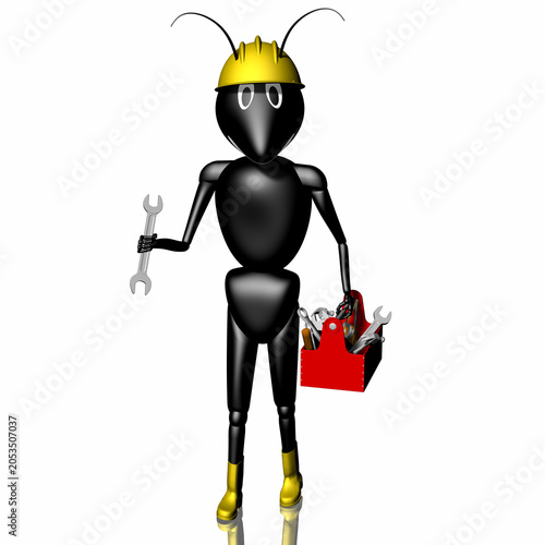 Formica cartoon con casco e attrezzi, simbolo di lavoro manuale, riparazione e operosità. Ideale per temi educativi, tecnici, teamwork e comunicazione divertente.