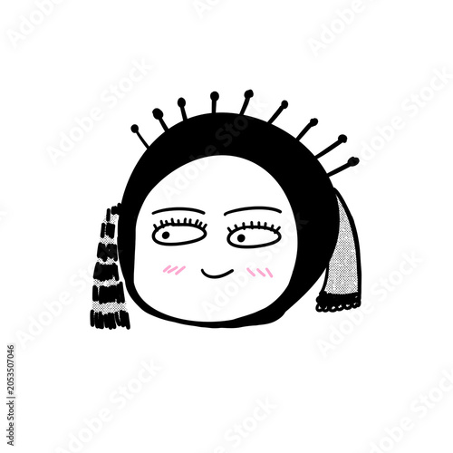Slika na platnu Stylized cartoon face with elaborate headdress and tassels rosy cheeks amused ex