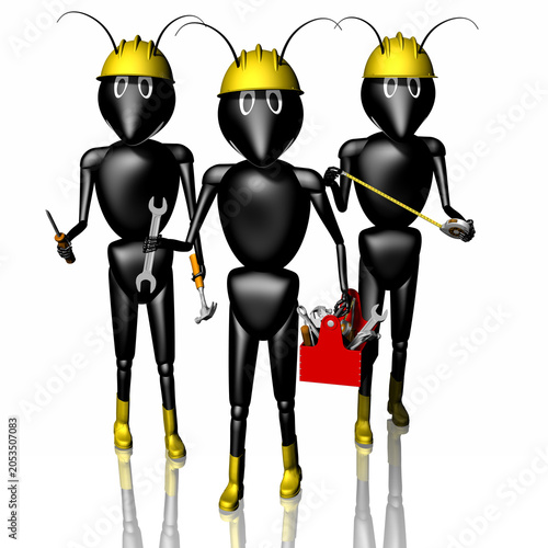 Tre formiche cartoon con casco e attrezzi, simbolo di lavoro di squadra, riparazione e operosità. Ideale per temi educativi, tecnici, costruzione e comunicazione divertente.
