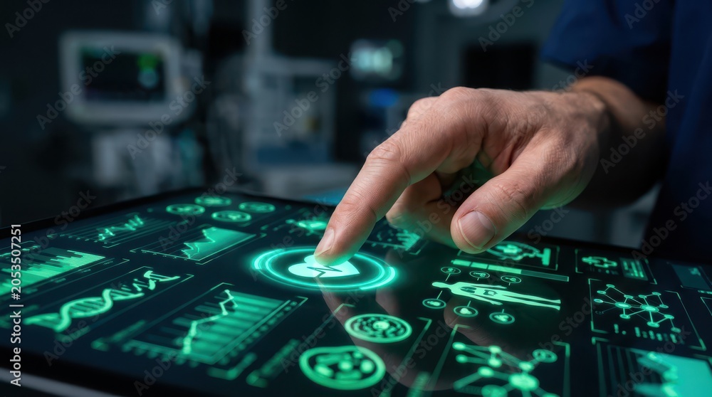 Obraz premium Professional Using Futuristic Touchscreen Interface with Green Holographic Icons