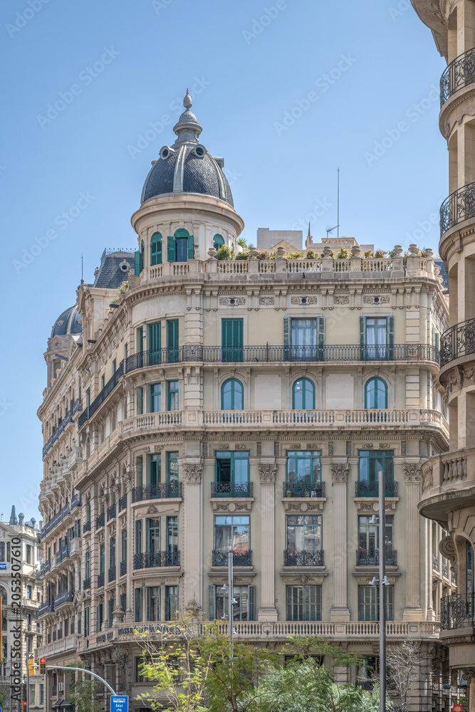 Obraz premium Barcelona, Building with Dome and Green Shutters, Classic Architecture, Stone Facade