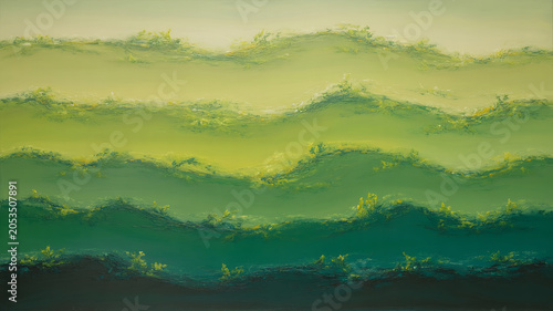 Vibrant green ocean waves with yellow highlights in a beautiful seascape painting with a textured brushstroke effect on a colored background