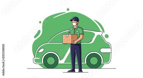 Delivery man wearing a face mask holding a package in front of a green car, illustrating safe and efficient parcel service.