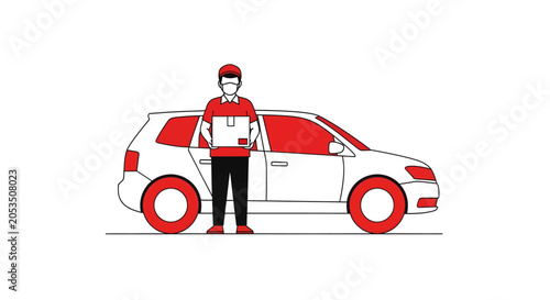 Illustration of a delivery person in uniform holding a package next to a car, depicting a courier service.