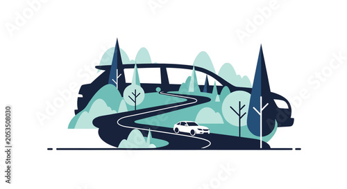 A stylized illustration of a white car driving on a winding road through a serene landscape with trees and hills under a bridge.