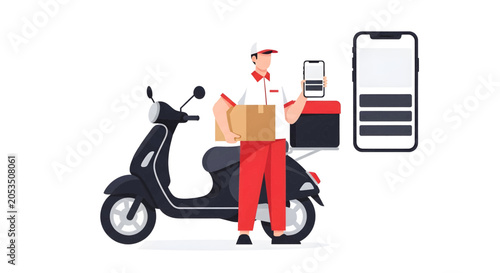 A delivery person in uniform holding a package next to a scooter with a delivery box and mobile phones, illustrating online order and delivery service.