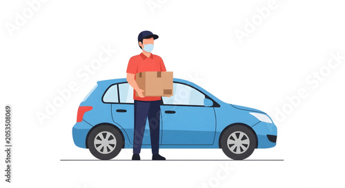 Delivery person wearing a face mask holding a package next to a blue car.